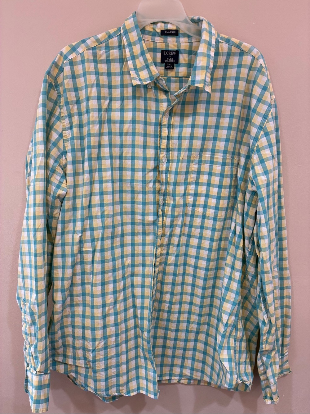 J. Crew Men's Yellow and Light Blue Green Teal Plaid Button-Down Classic Shirt
